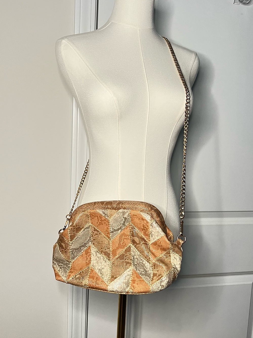 Anthropologie patchwork clutch crossbody purse faux snakeskin tan beige *Flaw
